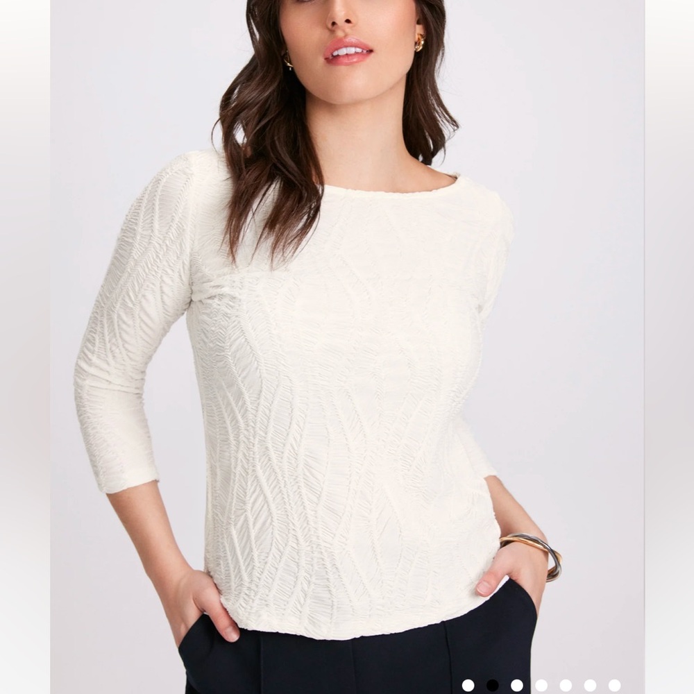 Laura Textured Knit 3/4 Sleeve Boat Neck Top Shirt Whisper White
